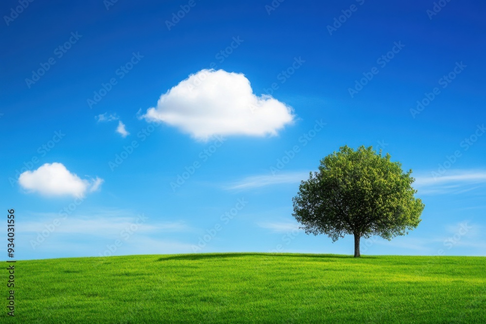 A single tree stands on a grassy hill under a bright blue sky with white clouds. A single tree stands on a grassy hill under a bright blue sky with white clouds.