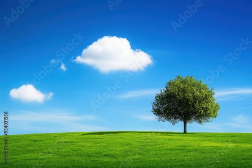 A single tree stands on a grassy hill under a bright blue sky with white clouds.