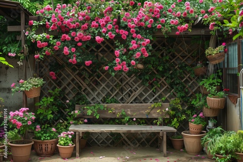 A cozy corner of a summer garden featuring a rustic wooden bench beneath a trellis covered in climbing roses, with a variety of potted plants and hanging baskets adding to the charm. photo