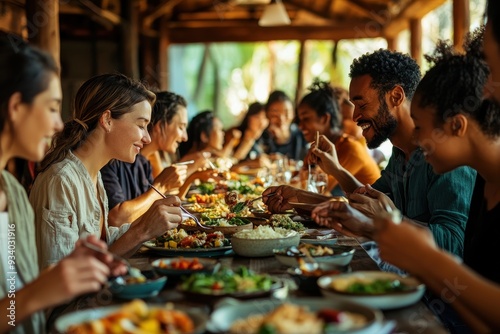 Portrait of a diverse group of people practicing mindful eating at a communal table, highlighting the connection between food and mindfulness (selective focus, theme: mindful meals) in a rustic photo