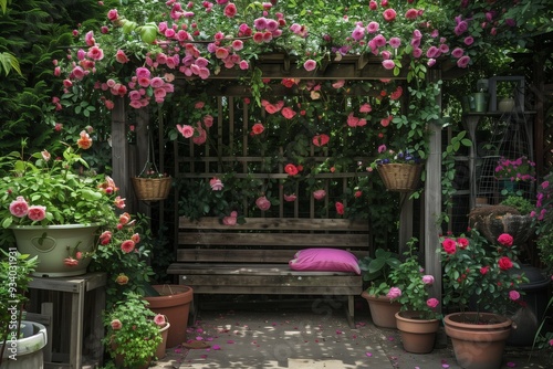 A cozy corner of a summer garden featuring a rustic wooden bench beneath a trellis covered in climbing roses, with a variety of potted plants and hanging baskets adding to the charm. photo