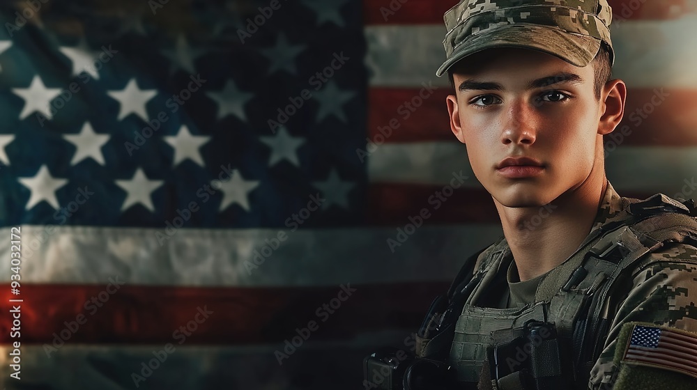 A young male soldier posing for the camera, with an American flag in the background A young male soldier posing for the camera, with an American flag in the background