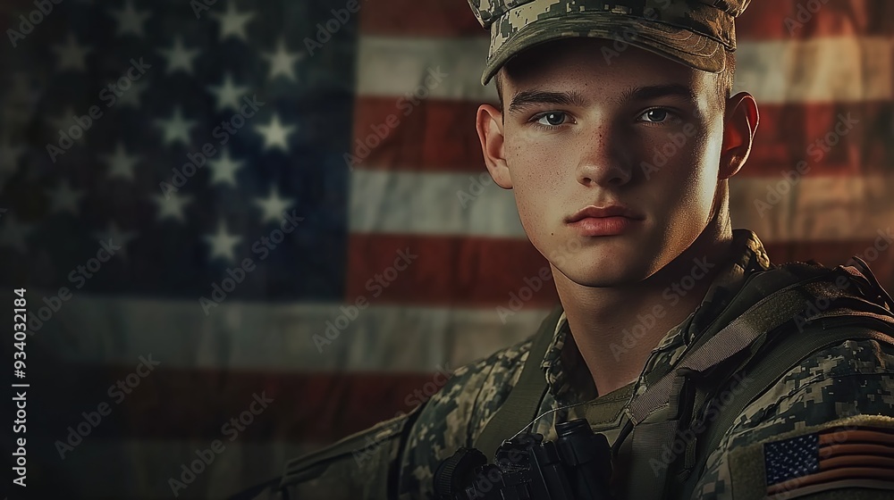 A young male soldier posing for the camera, with an American flag in the background A young male soldier posing for the camera, with an American flag in the background