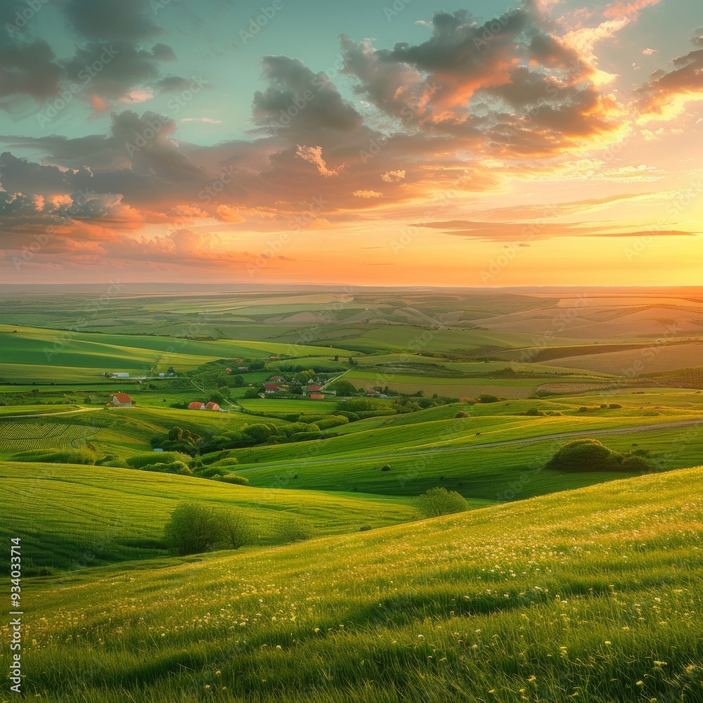 Rural landscape with beautiful gradient evening sky at sunset. Green field and village on horizon Rural landscape with beautiful gradient evening sky at sunset. Green field and village on horizon
