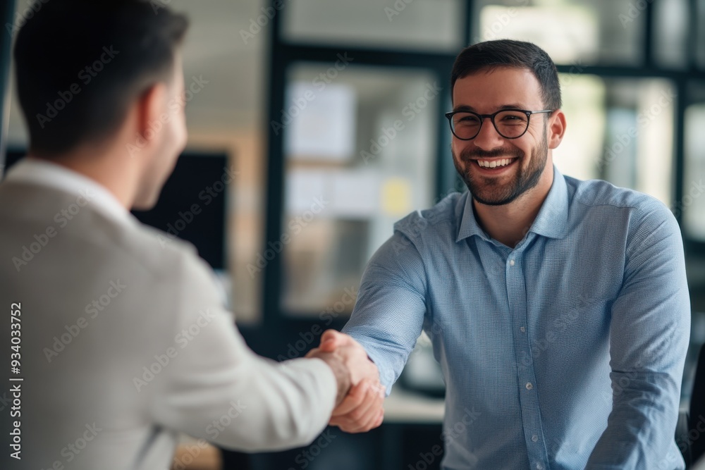Two men shaking hands in a modern office, signaling agreement or partnership, with a positive and professional atmosphere.