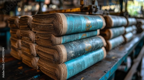 Rows of neatly stacked newspapers in a busy printing facility, ready for distribution. photo