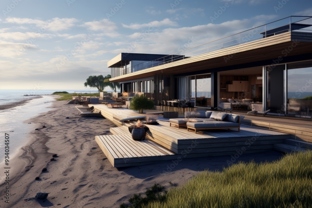 Fototapeta premium Modern Beach House with Stunning Ocean Views