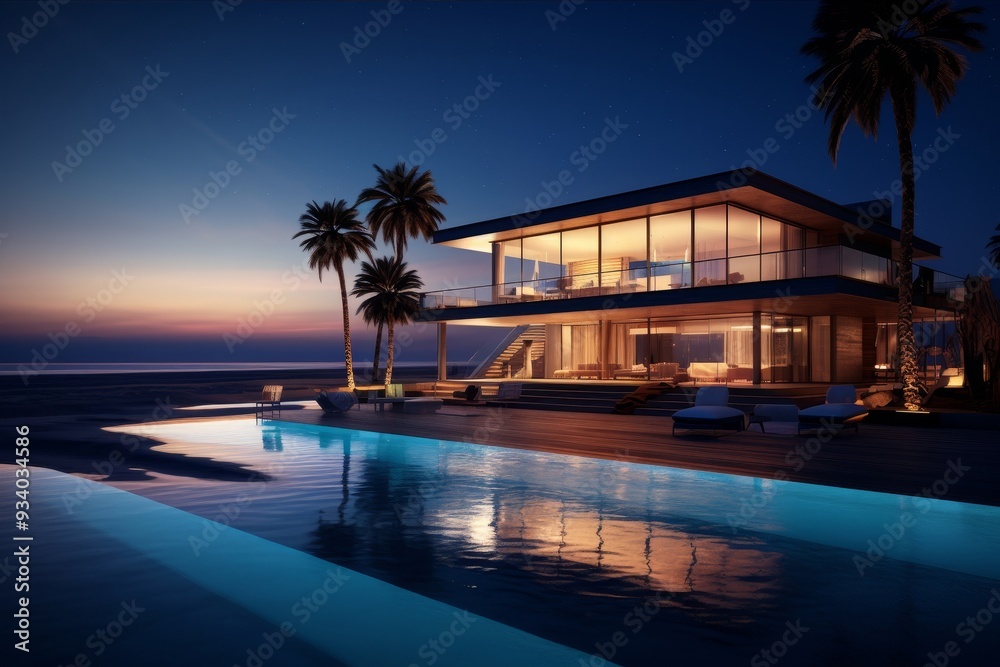 Fototapeta premium Modern Beach House with Infinity Pool and Ocean Views
