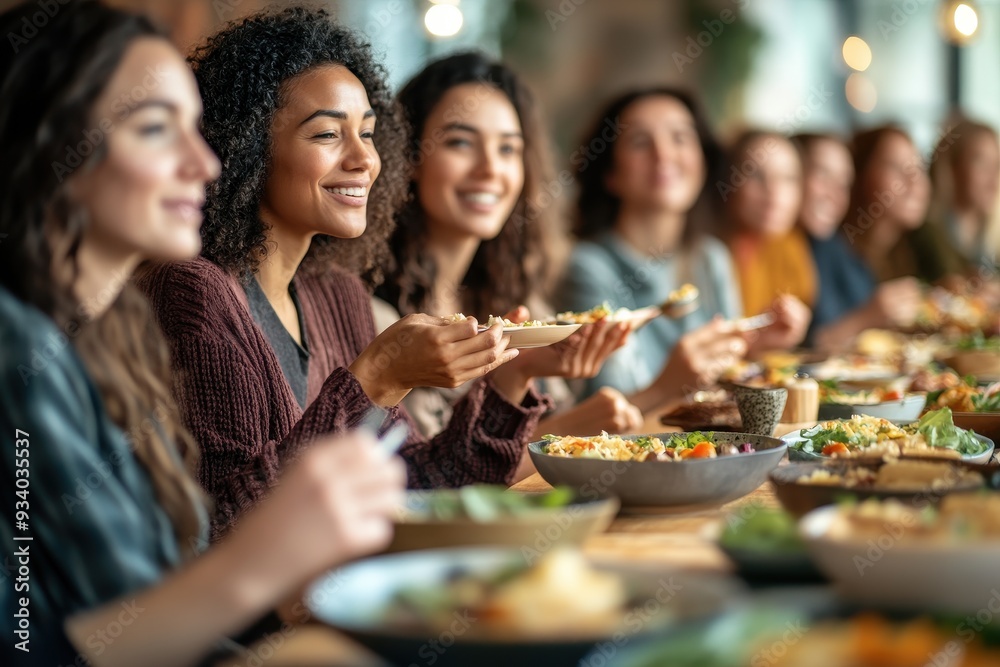 Finding Harmony in Diversity: Diverse Group Practicing Mindful Eating Together at Communal Table (Selective Focus) Finding Harmony in Diversity: Diverse Group Practicing Mindful Eating Together at Communal Table (Selective Focus)