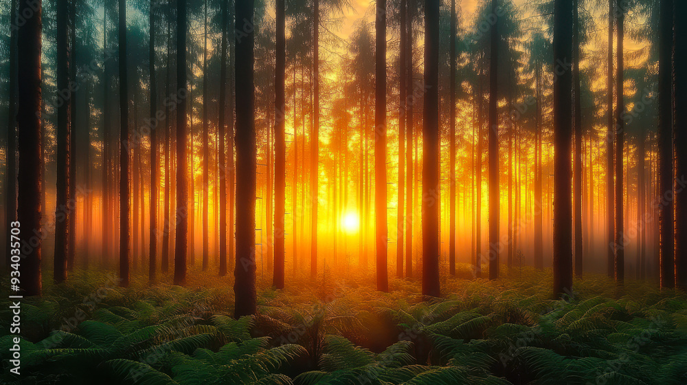 Obraz premium Enchanting Sunrise in Misty Forest with Tall Trees and Lush Ferns Casting a Warm Glow - Tranquil Nature Scene for Serenity and Peaceful Atmosphere