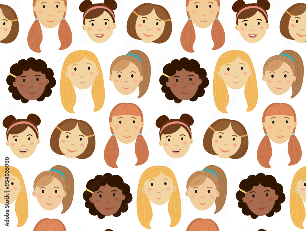 Seamless cartoon pattern with cute girl's smiling faces. Vector colorful backdrop in flat style Seamless cartoon pattern with cute girl's smiling faces. Vector colorful backdrop in flat style