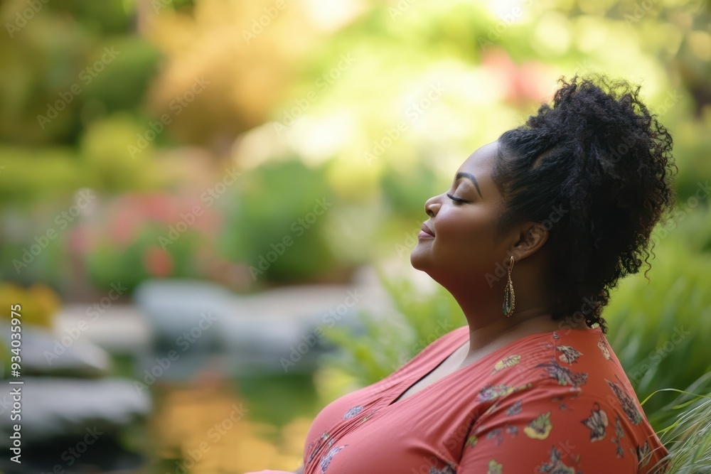 Tranquil Reflection - Portrait of a Serene Plus-Size Black Woman Embracing Self-Acceptance in a Peaceful Garden Setting Tranquil Reflection - Portrait of a Serene Plus-Size Black Woman Embracing Self-Acceptance in a Peaceful Garden Setting