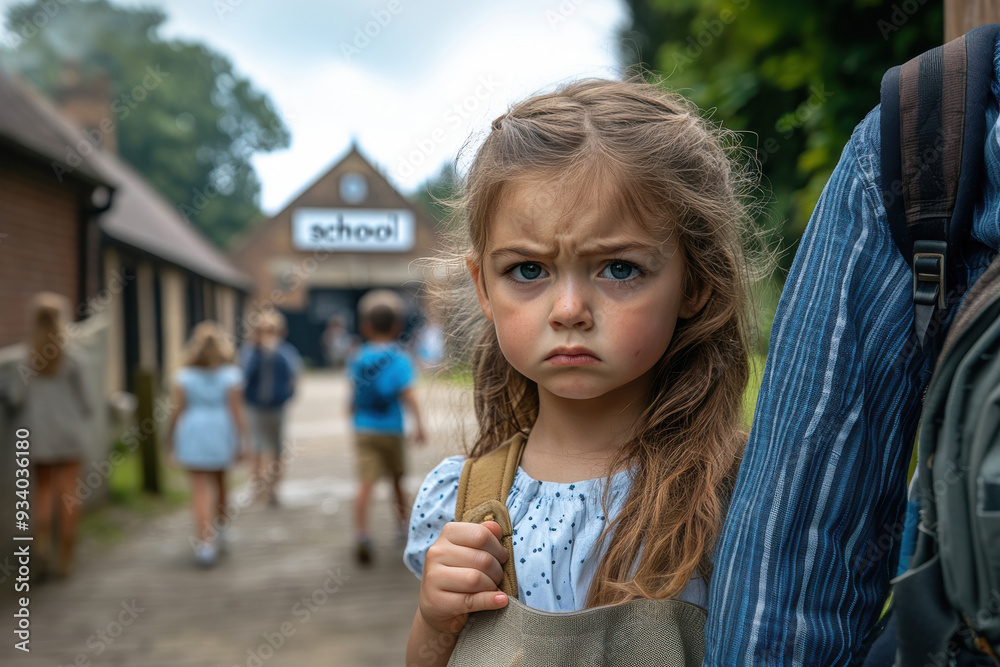 Sad girl entering school holding her father's hand Sad girl entering school holding her father's hand