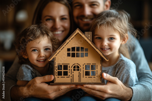 A family holding a small house model, focus on the hand and wooden window frames of the tiny house model. Insurance protects family financially, ensures seamless coverage for life, health, property