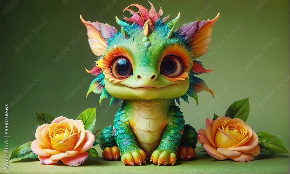 Charming Baby Dragon with Flowers