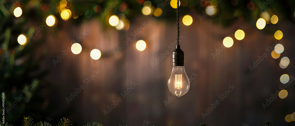 Close up of glowing lamp bulb, lights, garland with green fir branches.Christmas and New Year minimal mockup . Winter holidays celebration background. Copy space. Generative ai Close up of glowing lamp bulb, lights, garland with green fir branches.Christmas and New Year minimal mockup . Winter holidays celebration background. Copy space. Generative ai