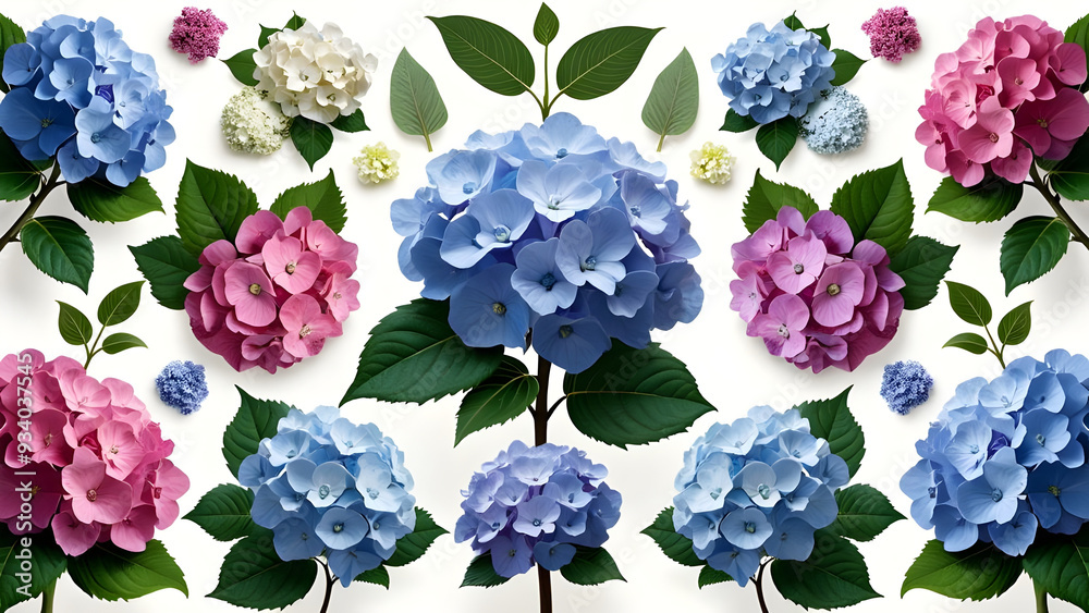 Close-Up of Hydrangea, Hortensia Flowers and Related Varieties in Different Colors Close-Up of Hydrangea, Hortensia Flowers and Related Varieties in Different Colors