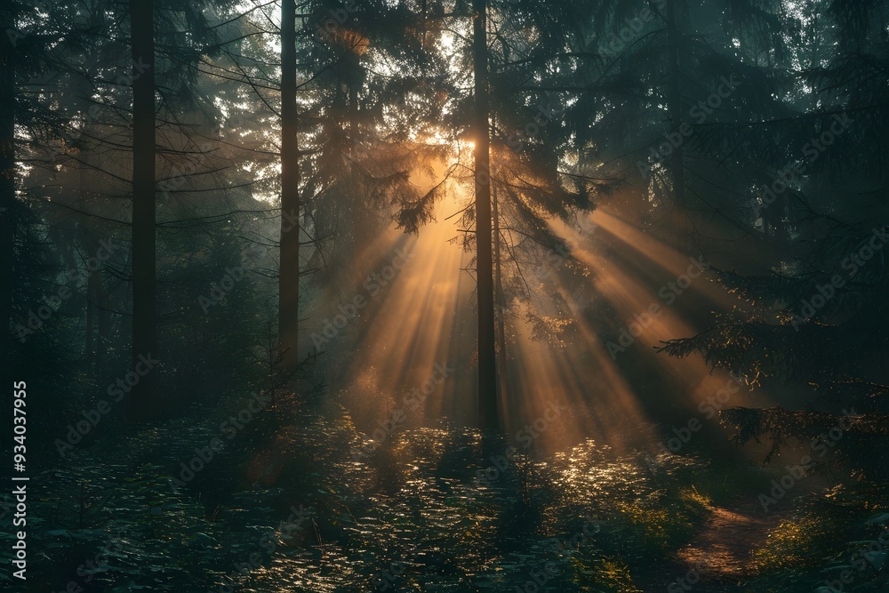 Naklejka premium Enchanted Forest: Sunlight Streaming Through Trees in a Misty Woodland