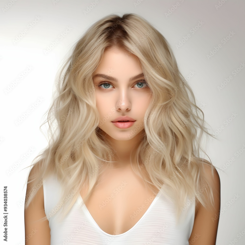 Blonde woman with wavy hair poses against a soft backdrop in a minimalist studio setting Blonde woman with wavy hair poses against a soft backdrop in a minimalist studio setting