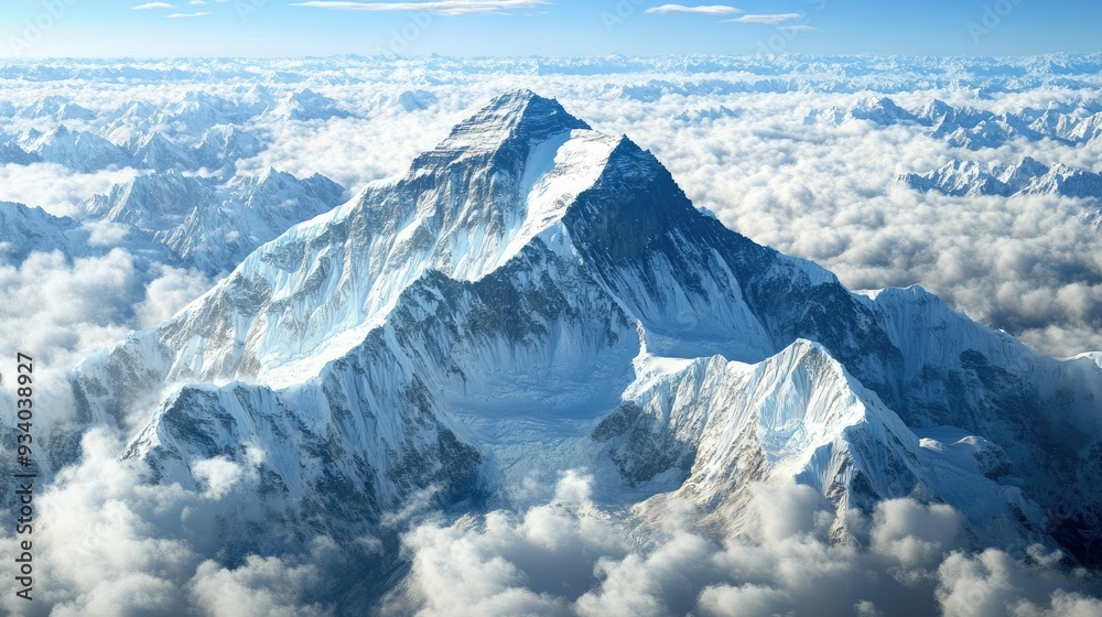 Fototapeta premium Aerial view of Mount Everest's snow-covered peak rising above the clouds, surrounded by rugged Himalayan terrain.