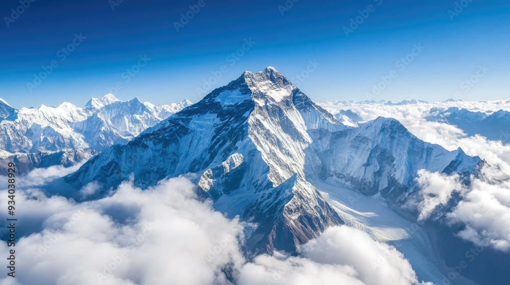 Aerial view of Mount Everest's snow-covered peak rising above the clouds, surrounded by rugged Himalayan terrain.