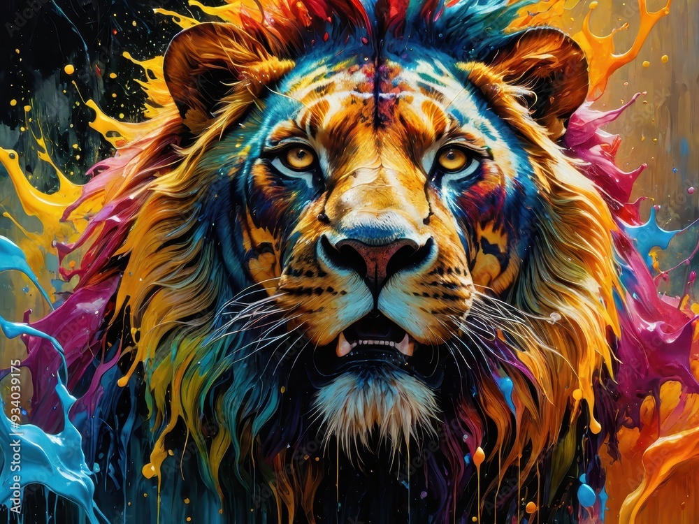 Fototapeta Colorful lion head portrait with dynamic splashes of paint in a vibrant artistic style