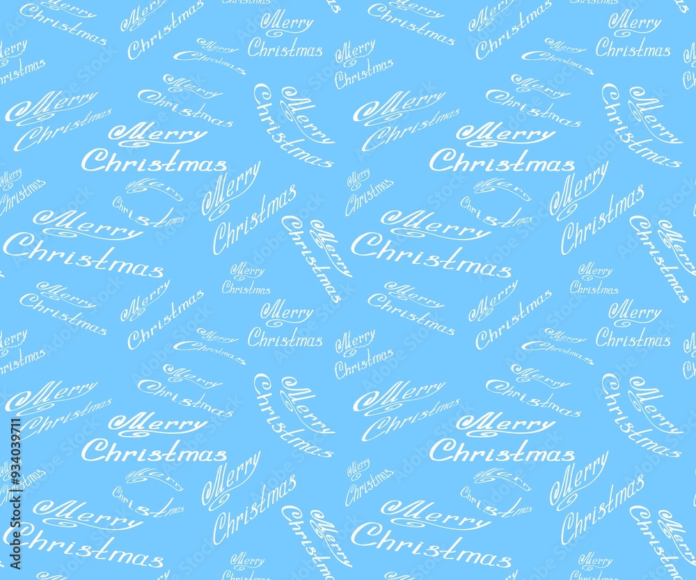 Christmas seamless pattern greeting phrase Merry Christmas different size shape. White congratulatory text repeating isolated on blue background drawn hand Christmas seamless pattern greeting phrase Merry Christmas different size shape. White congratulatory text repeating isolated on blue background drawn hand