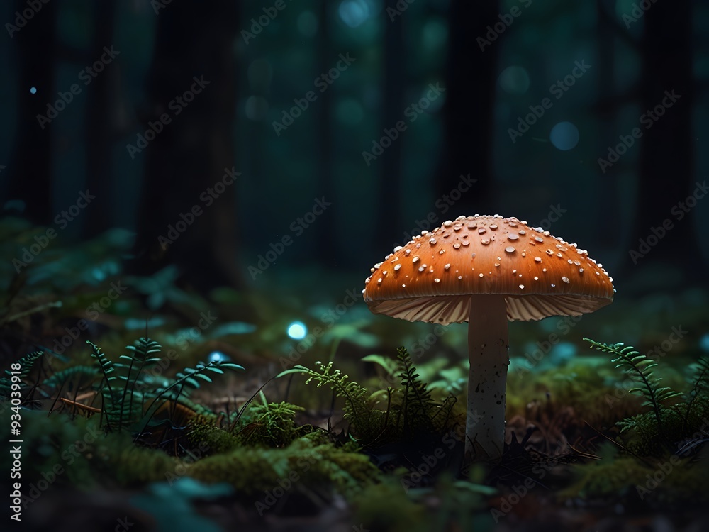Fototapeta premium Single Red Mushroom in a Dark Forest.