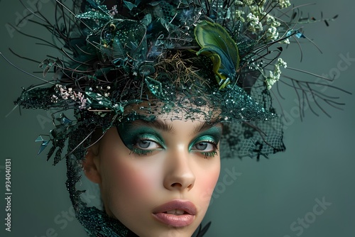 Enchanting Beauty: A Model Adorned with Nature-Inspired Headpiece and Vibrant Makeup