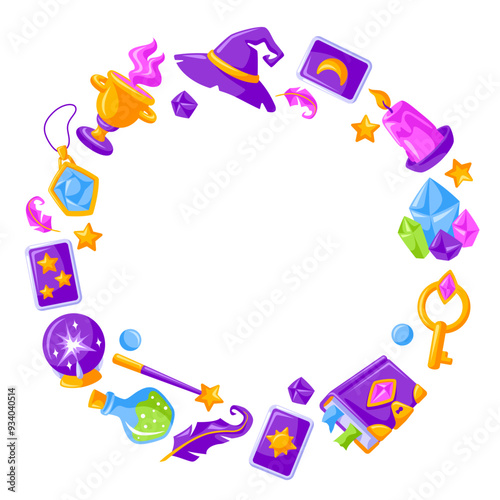 Frame with magic items. Witchcraft alchemy mystery elements.
