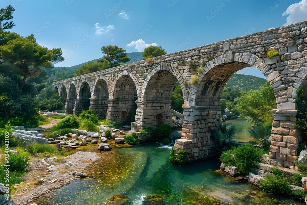 Fototapeta premium Majestic Ancient Aqueduct Spanning a Serene River Landscape
