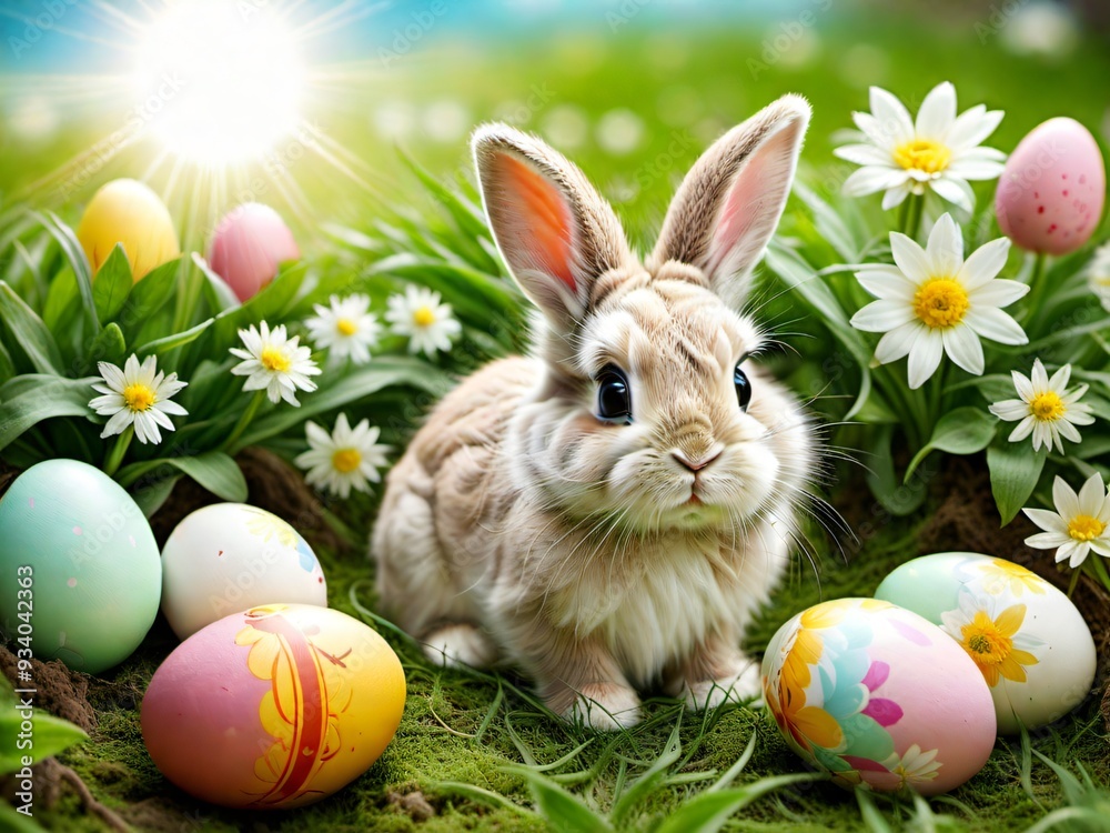 Easter Bunny and Colorful Eggs in a Sunny Spring Meadow Easter Bunny and Colorful Eggs in a Sunny Spring Meadow
