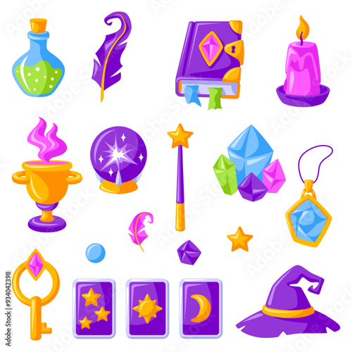 Collection of magic items. Witchcraft alchemy mystery elements.