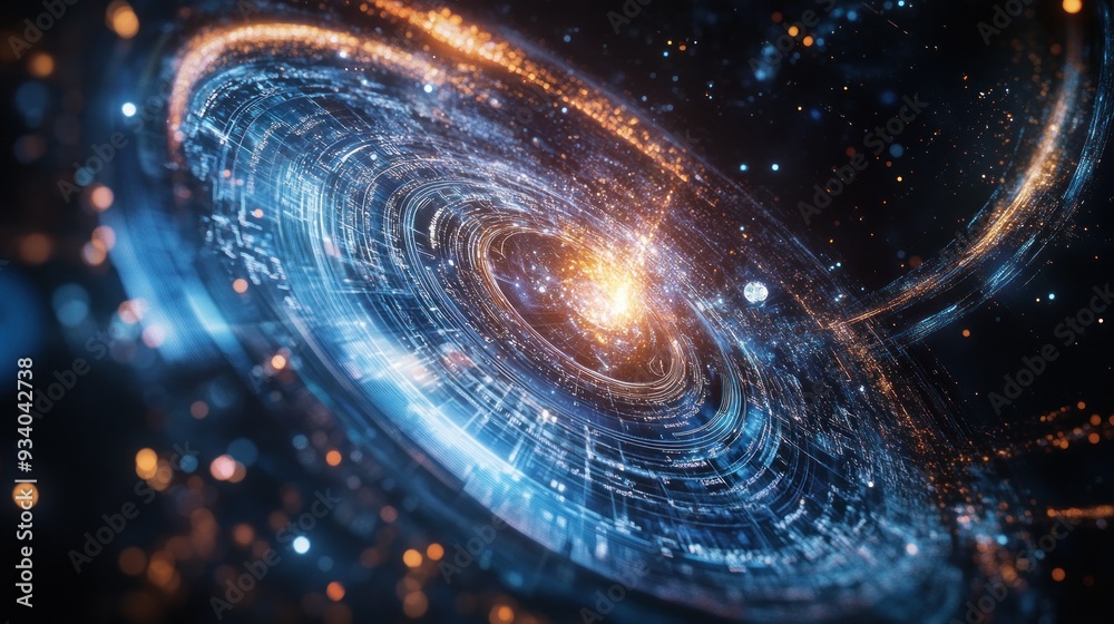 Abstract Digital Galaxy with Spiraling Lights and Data Abstract Digital Galaxy with Spiraling Lights and Data