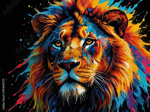 Colorful lion head portrait with dynamic splashes of paint in a vibrant artistic style