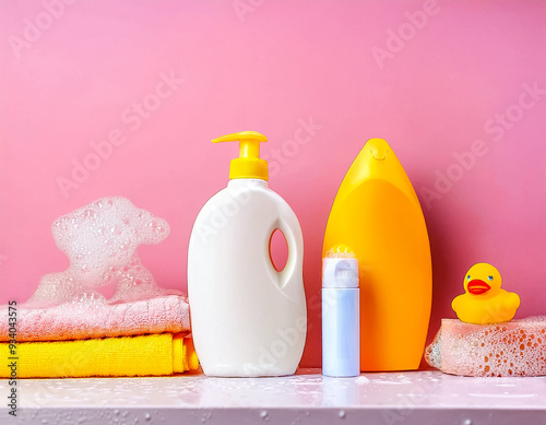 Essential Baby Care Products Arranged on Bathroom Table photo