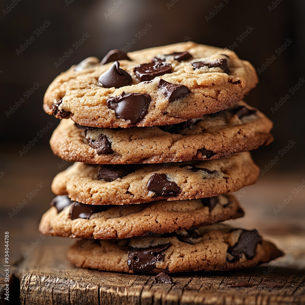 Close-up of a stack of freshly baked chocolate chip cookies with visible gooey melted chocolate, placed on a rustic wooden surface with soft natural lighting and ample copy space. Close-up of a stack of freshly baked chocolate chip cookies with visible gooey melted chocolate, placed on a rustic wooden surface with soft natural lighting and ample copy space.