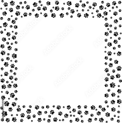 Pet paw print square frame with blank space for text and images Black silhouette track of dog or cat paw prints. Frame with paw prints of pets for decoration of shop windows, websites, etc. Vector