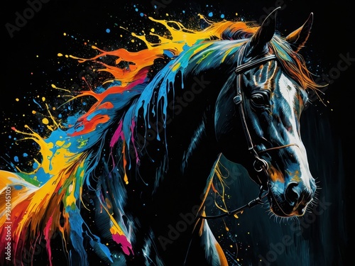 Colorful horse head portrait with dynamic splashes of paint in a vibrant artistic style