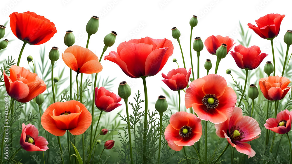 Obraz premium Poppy Flowers and Buds Against White Background - Vibrant Floral Display