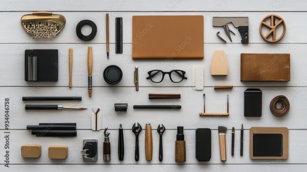 Flat Lay of Assorted Tools and Objects on White Wooden Surface Flat Lay of Assorted Tools and Objects on White Wooden Surface