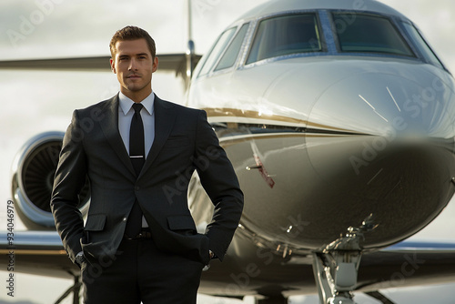 businessman in front of private jet 