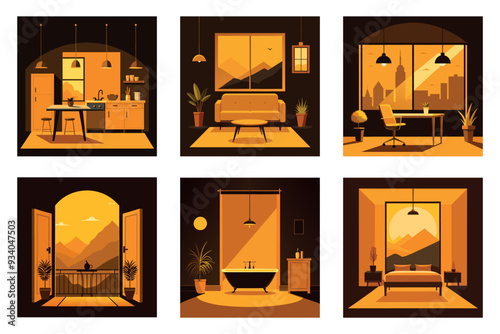 set apartment interior, different rooms with furniture. dream apartment design in the same style. Vector illustration.