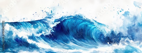 Vibrant watercolor illustration of a large blue ocean wave