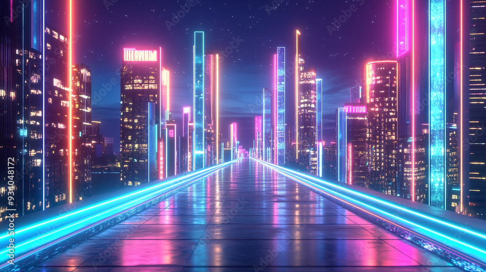 Fototapeta premium Sleek, modern platform with neon lights against a night-time cityscape. 3d rendering.