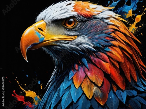 Colorful eagle head portrait with dynamic splashes of paint in a vibrant artistic style photo