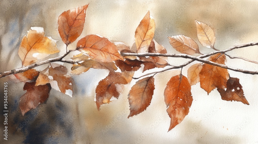 Watercolor depiction of brown leaves in spring Watercolor depiction of brown leaves in spring