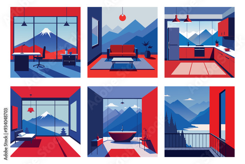 set apartment interior, different rooms with furniture. dream apartment design in the same style. Vector illustration.