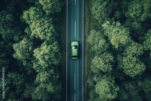 green car on forest road  photo