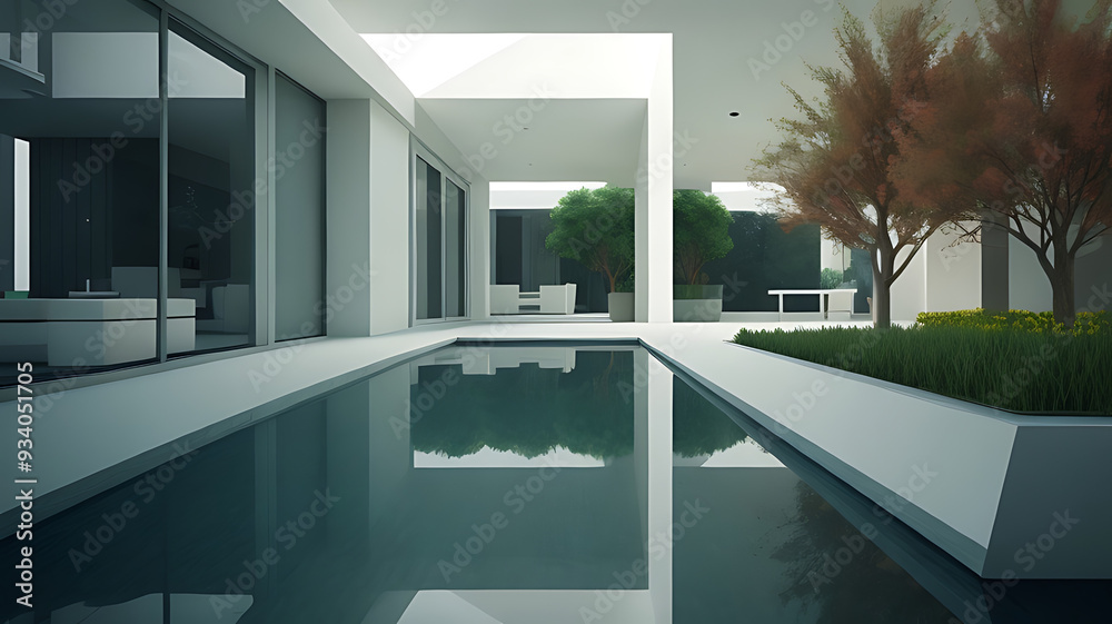 Fototapeta premium A spacious, modern swimming pool with a well-designed second floor overlooking it.
